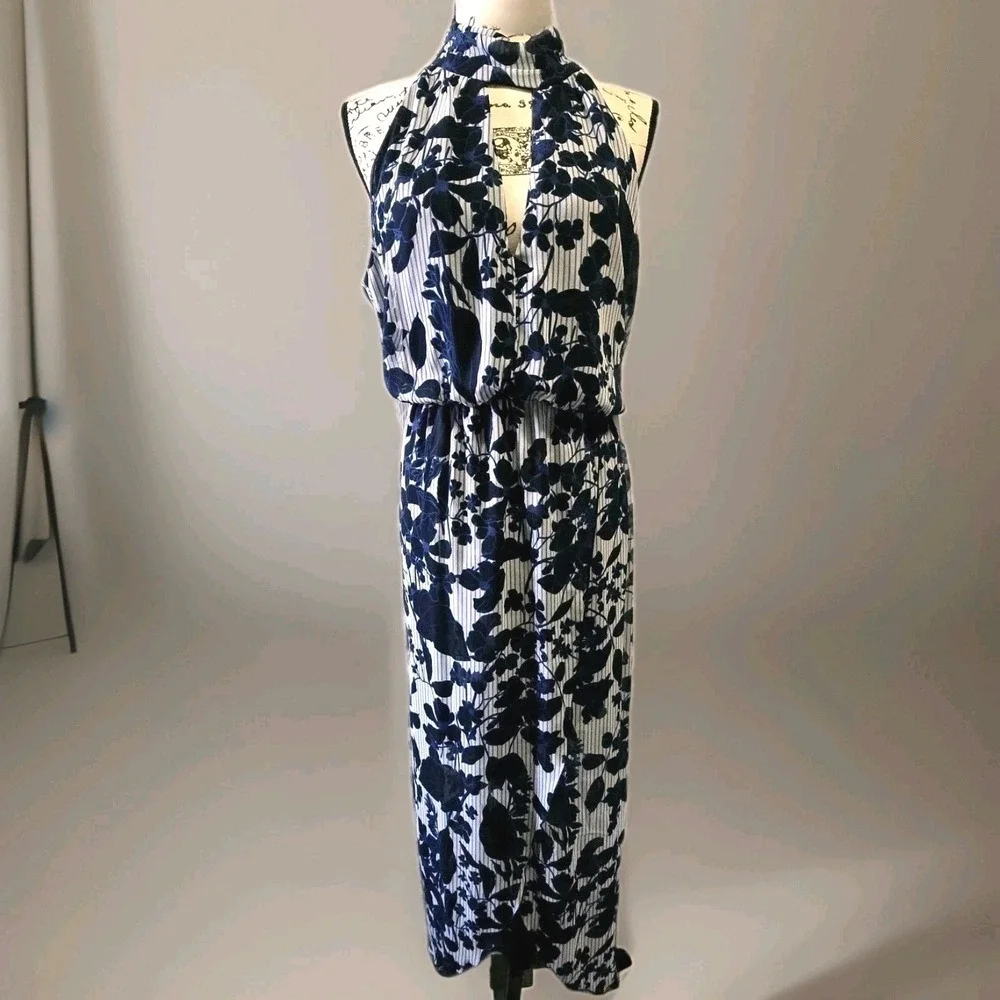 En Focus Studio Maxi Dress Women's Sz 14 Blue Gray Sleeveless Floral‎ Mock Neck - Picture 2 of 14